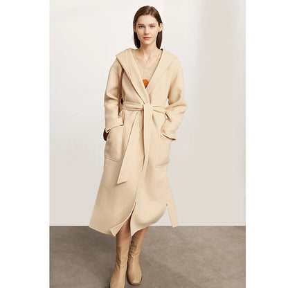 Damen Winter Mantel aus Wolle mit Kapuze und doppeltem Gürtel