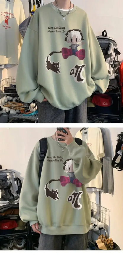 Japanischer Vintage-Pullover mit Fleece, Rundhalsausschnitt und Print – Lässiger Langarm-Hoodie für Herren im Winter.