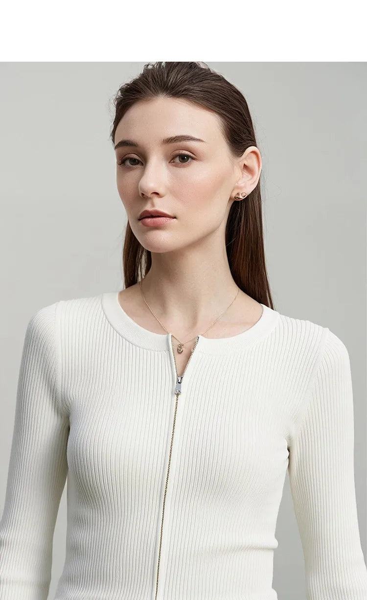Damen-Rundhals-Cardigan Slim Doppelreißverschluss Viskose Frühling