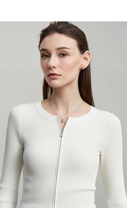 Damen-Rundhals-Cardigan Slim Doppelreißverschluss Viskose Frühling