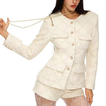 Damen-Blazer mit Rüschen und Patchwork-Design, langärmelig und mit Reverskragen – ideal für den Alltag