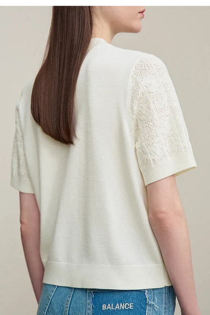 Damenpullover mit Stehkragen, Kurzarm und Knopfleiste, off-white, Rückansicht