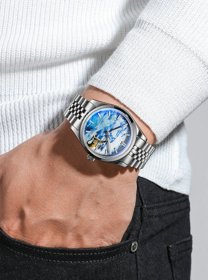 Herren-Automatikuhr mit 3D-Gletscher-Zifferblatt und Bubble-Glas