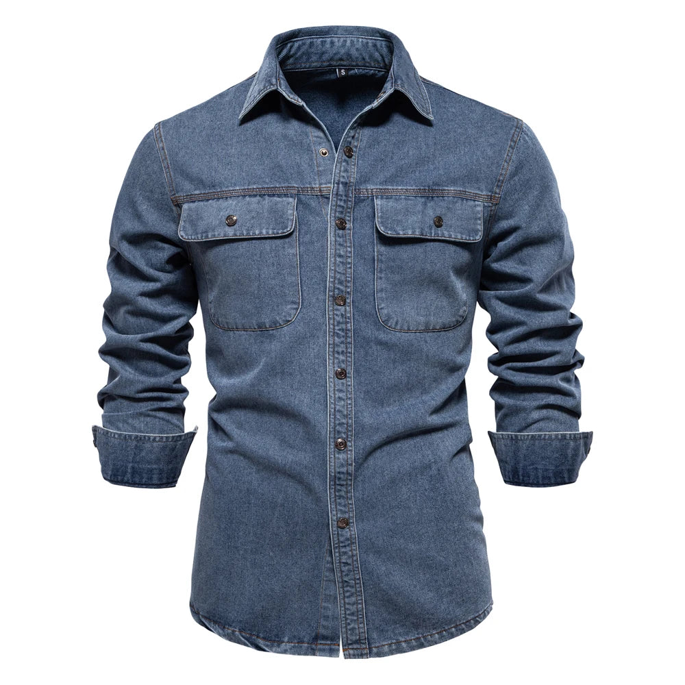 Herren Denim Shirts aus 100 Prozent Baumwolle mit doppelten Taschen im Casual-Stil
