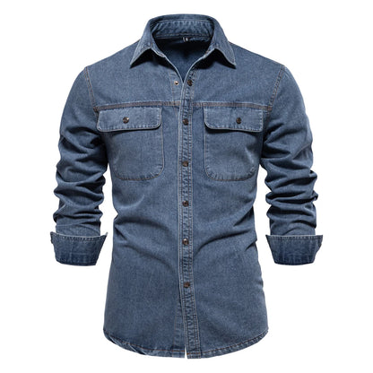 Herren Denim Shirts aus 100 Prozent Baumwolle mit doppelten Taschen im Casual-Stil