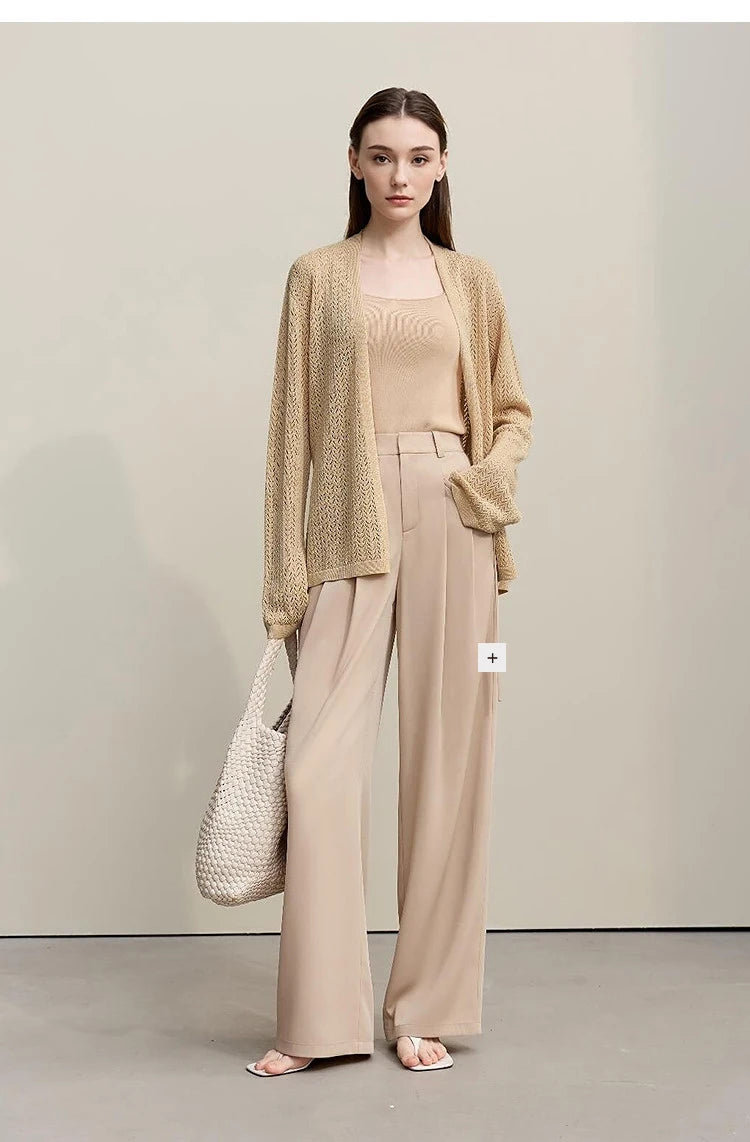 Damen-Strickjacke Lyocell V-Ausschnitt Glockenärmel Gürtel locker Frühling