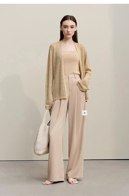 Damen-Strickjacke Lyocell V-Ausschnitt Glockenärmel Gürtel locker Frühling