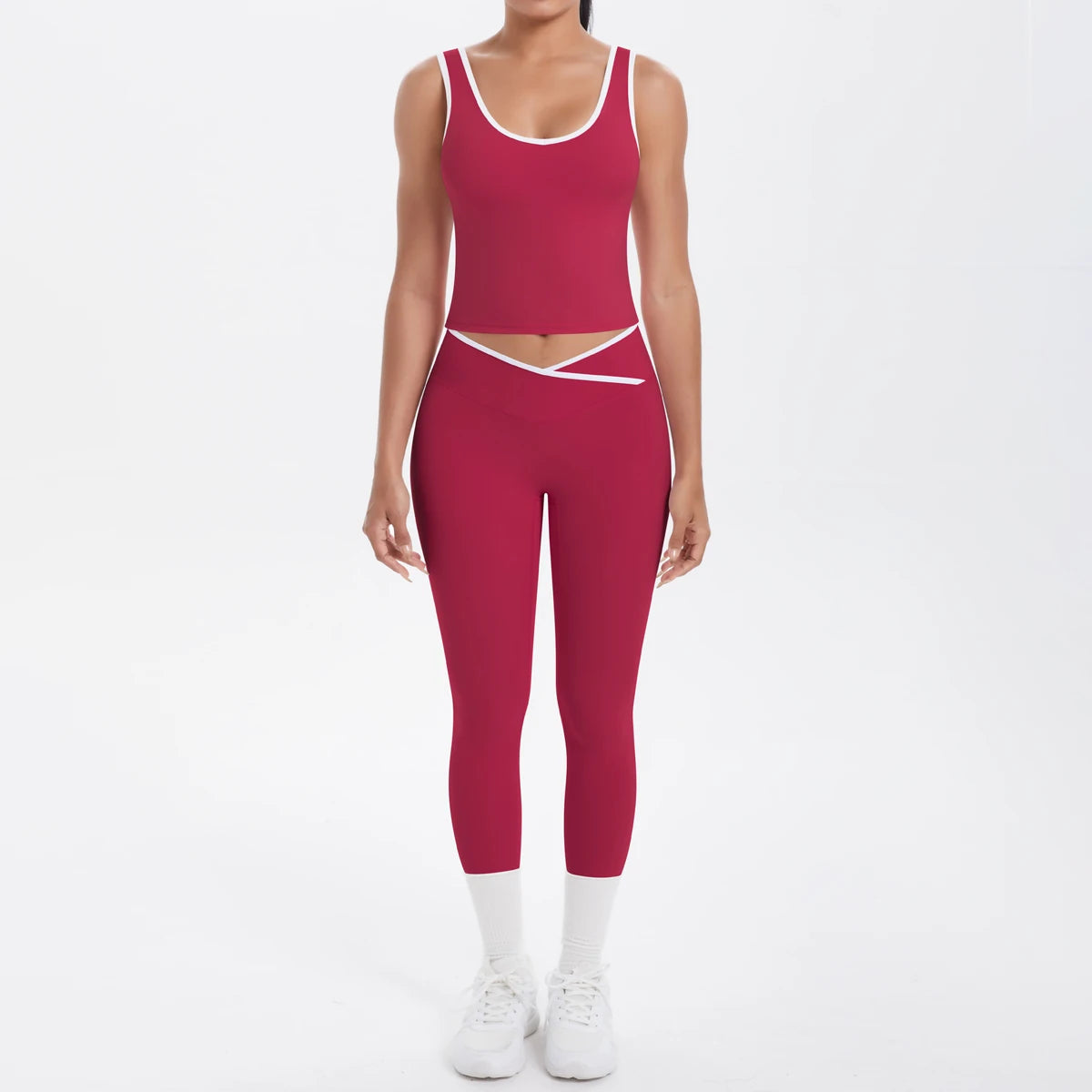 Yoga-Set für Damen in Rot: Crop-Top und 3/4-Leggings mit weißen Kontrastkanten