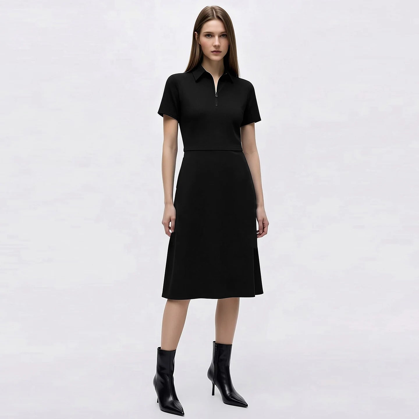 Elegantes Damen Midikleid Mit Reißverschluss Und Figurbetonter Taille