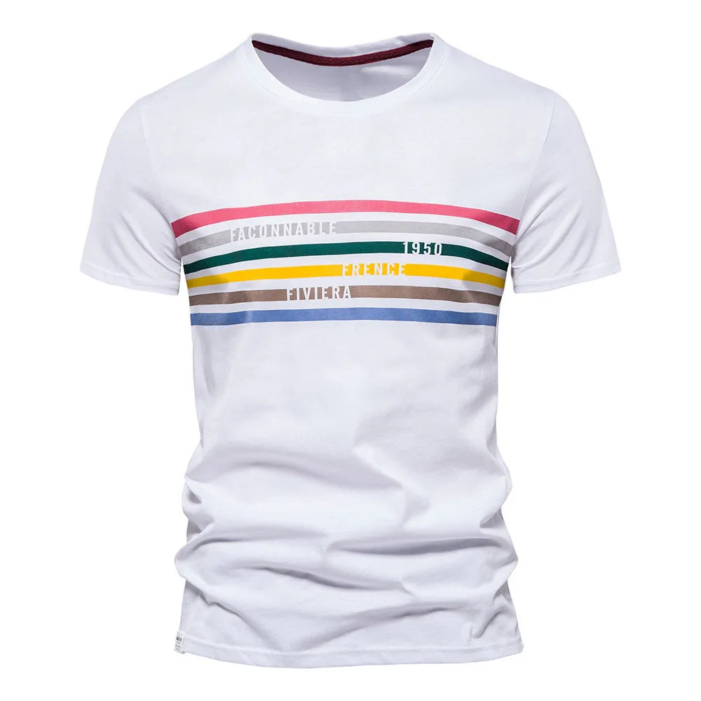 Herren T-Shirts aus Baumwolle mit gestreiftem O-Ausschnitt im Slim Fit