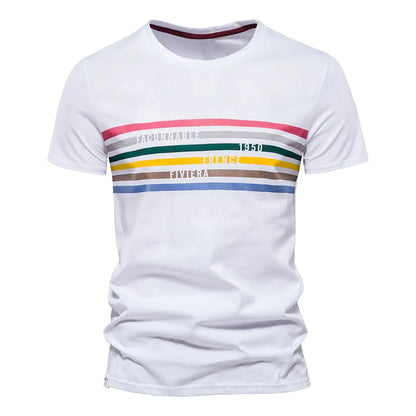 Herren T-Shirts aus Baumwolle mit gestreiftem O-Ausschnitt im Slim Fit