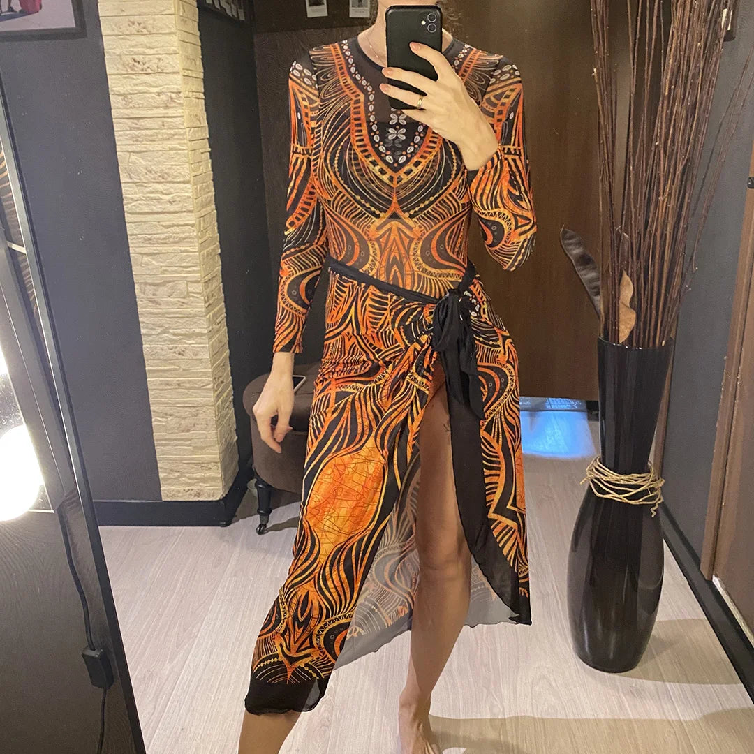 Damen-Badeanzug 3-teilig Print Langarm Sarong-Set gepolstert