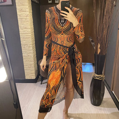 Damen-Badeanzug 3-teilig Print Langarm Sarong-Set gepolstert