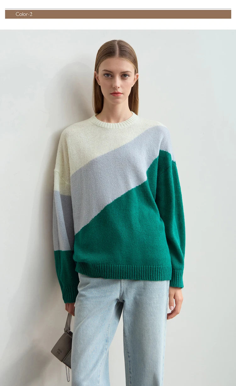 Damenpullover mit Rundhalsausschnitt, Colorblock aus creme/hellgrau, türkisgrün und hellgrau, langarmig