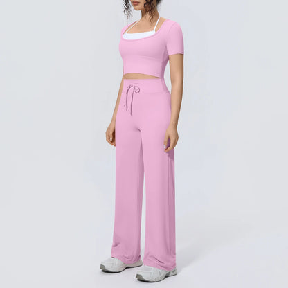 Rosa Yoga-Set mit kurzem Top und weiter Hose, Kordelzug am Bund