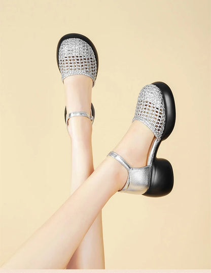 AIYUQI frauen Sandalen Retro 2025, Neue Sommer Römischen Weiblichen Sandalen Große Größe Woven Hohl High Heels Für Frauen