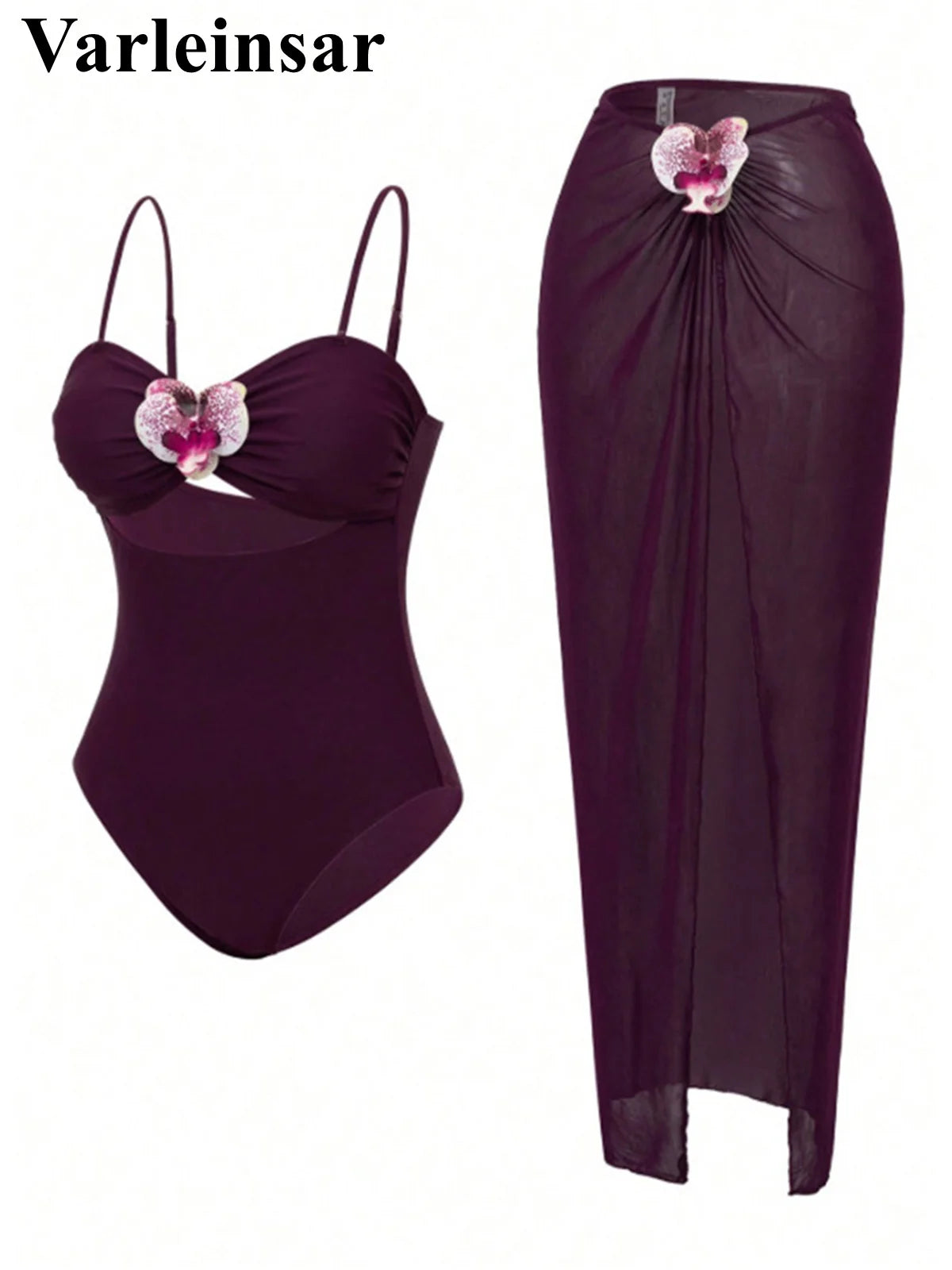 Damen Badeanzug 3D-Blumen Rock Monokini hoher Beinausschnitt Einteiler