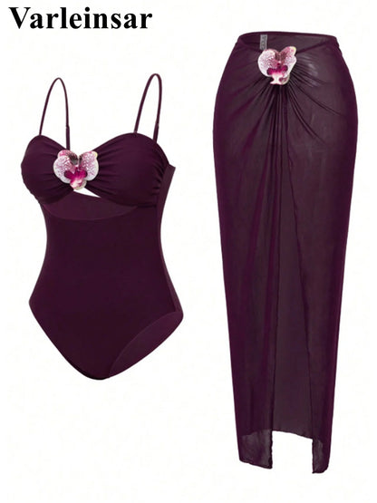 Damen Badeanzug 3D-Blumen Rock Monokini hoher Beinausschnitt Einteiler