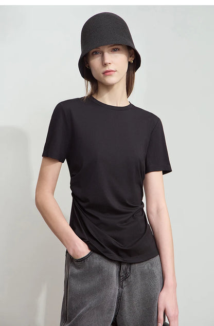 Damen T-Shirt mit Rundhalsausschnitt und gebrochenen Falten aus Modal-Baumwolle