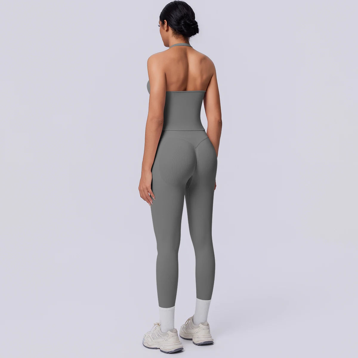 Nahtloses Yoga-Set für Damen, ärmelloses Top und Capri-Leggings in Anthrazitgrau