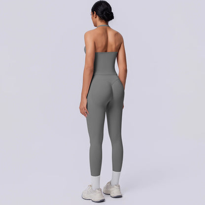 Nahtloses Yoga-Set für Damen, ärmelloses Top und Capri-Leggings in Anthrazitgrau