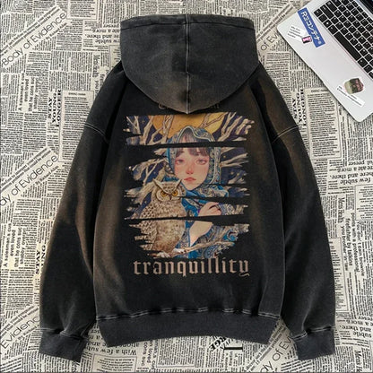 Neue Herren Kunst Eule Mädchen Grafikdruck Kapuzenpullover Gewaschen Distressed Harajuku Mode Pullover Hoodies Y2K Streetwear Hoody