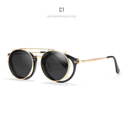 Sonnenbrille rund Steampunk Clip-On abnehmbar polarisiert Markenbox Herren