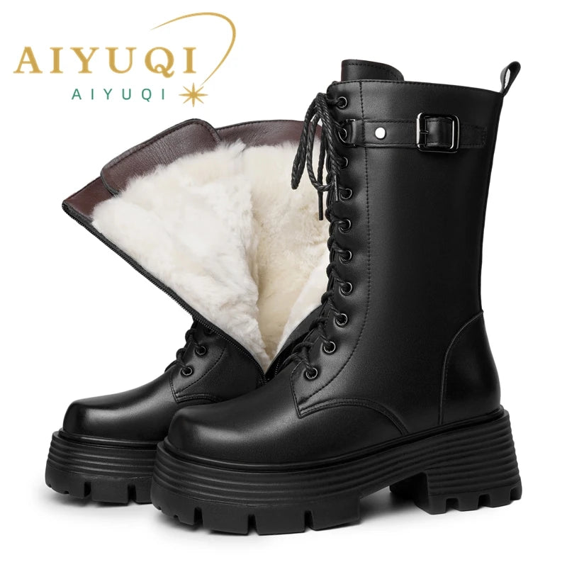 AIYUQI Women's Winter Shoes 2025 New Genuine Leather Women's Biker Boots Large Size 41 42 43 Warm Platform Women's Snow Boots