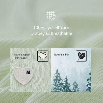 Infografik zu 100% Lyocell: drapierbar und atmungsaktiv, mit Herz- und Naturfaser-Label