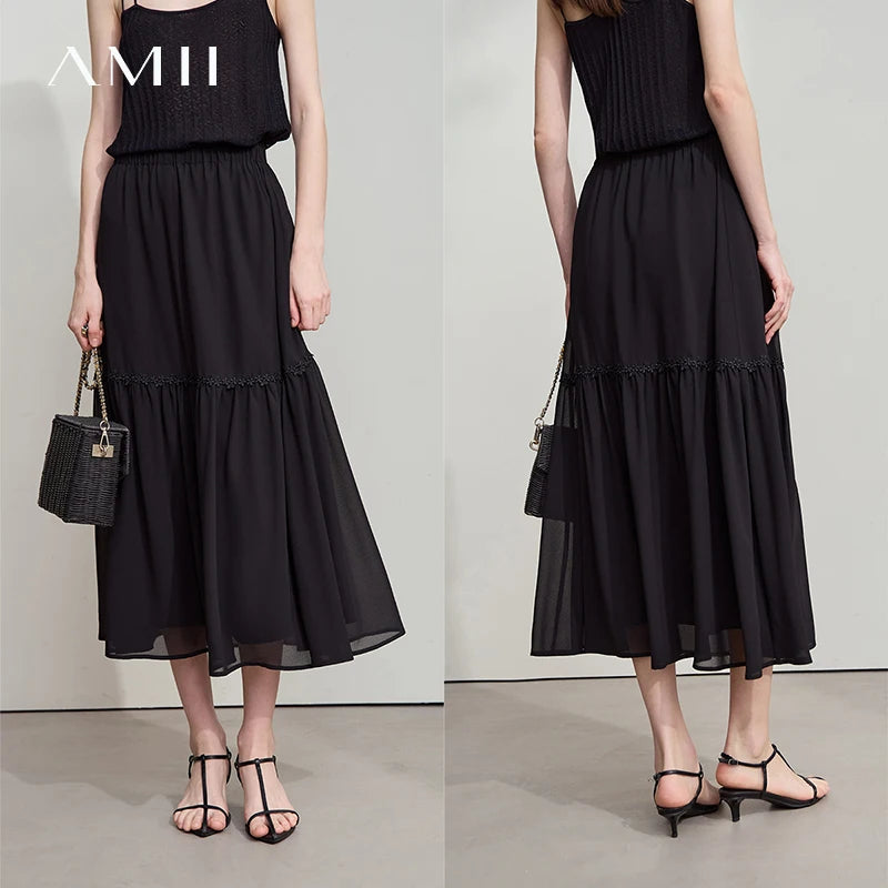 Schwarzer Midirock aus Chiffon mit A-Linie, elastischer Bund und Volants am Saum
