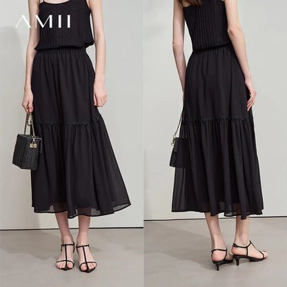 Schwarzer Midirock aus Chiffon mit A-Linie, elastischer Bund und Volants am Saum