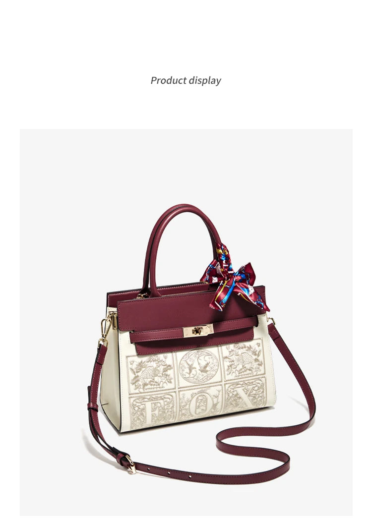 Damen Schultertasche aus Splitleder mit Stickerei im chinesischen Stil