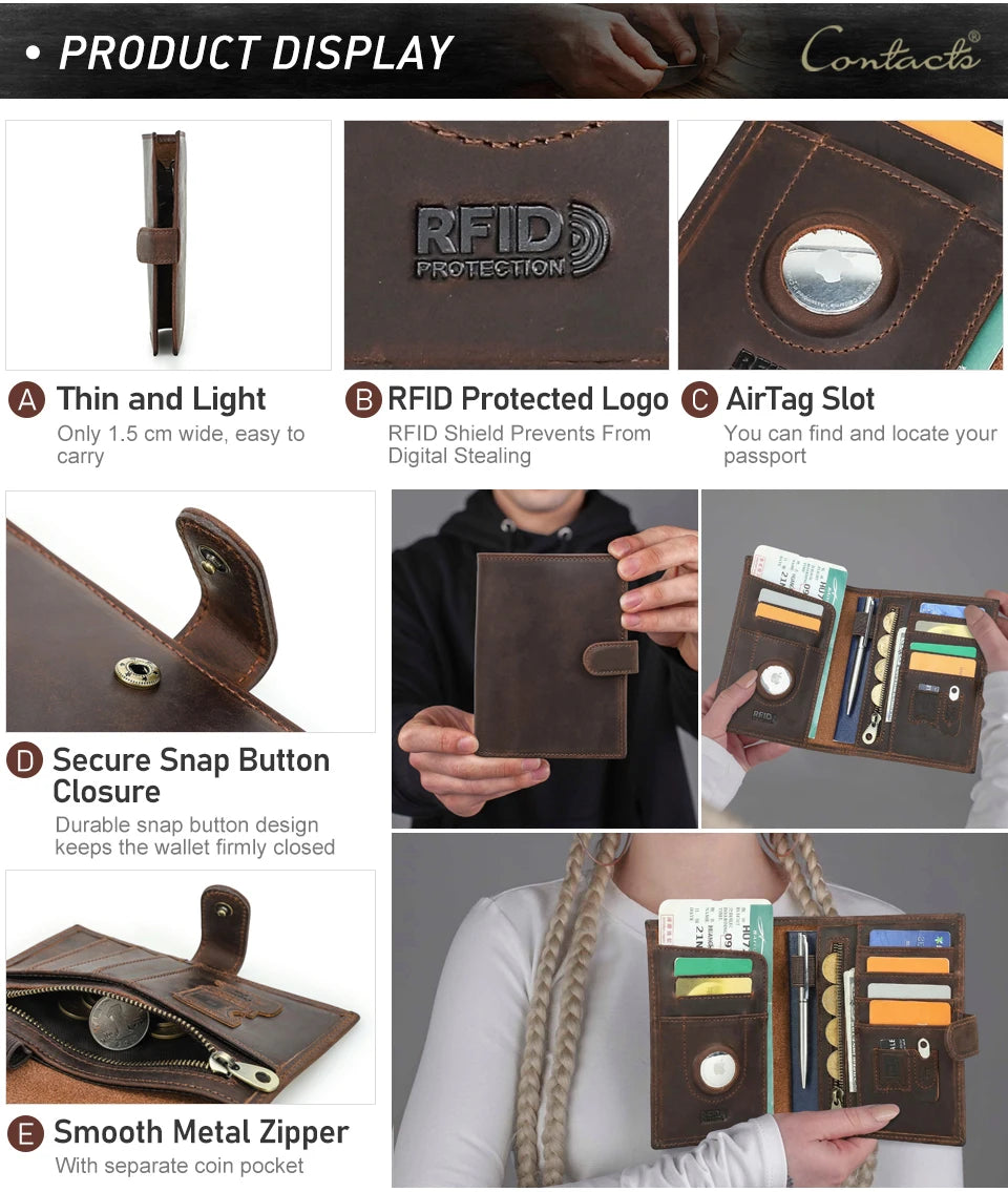 Reisepass-Brieftasche mit RFID-Schutz, AirTag-Fach, Druckknopfverschluss und Metall-Reißverschluss.