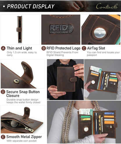 Reisepass-Brieftasche mit RFID-Schutz, AirTag-Fach, Druckknopfverschluss und Metall-Reißverschluss.