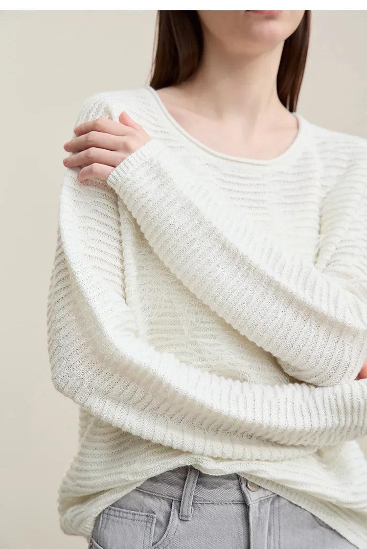 Damen-Strickpullover, Off-White, Rundhalsausschnitt; gerippte Ärmelbündchen
