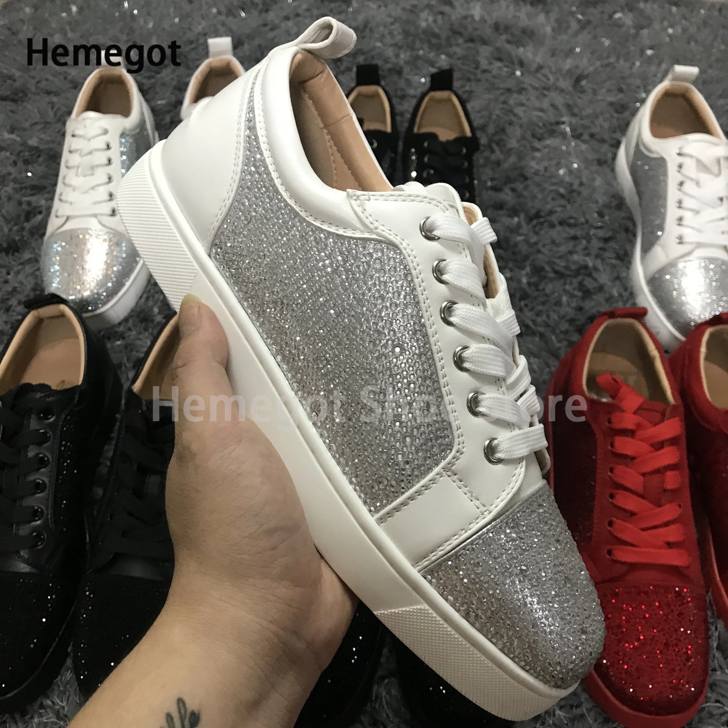 Low-Top Rhinestone Sneakers Men Spring and Autumn Luxury Brand Lace-Up Casual Shoes Red Black White Flats Leather Board Shoes