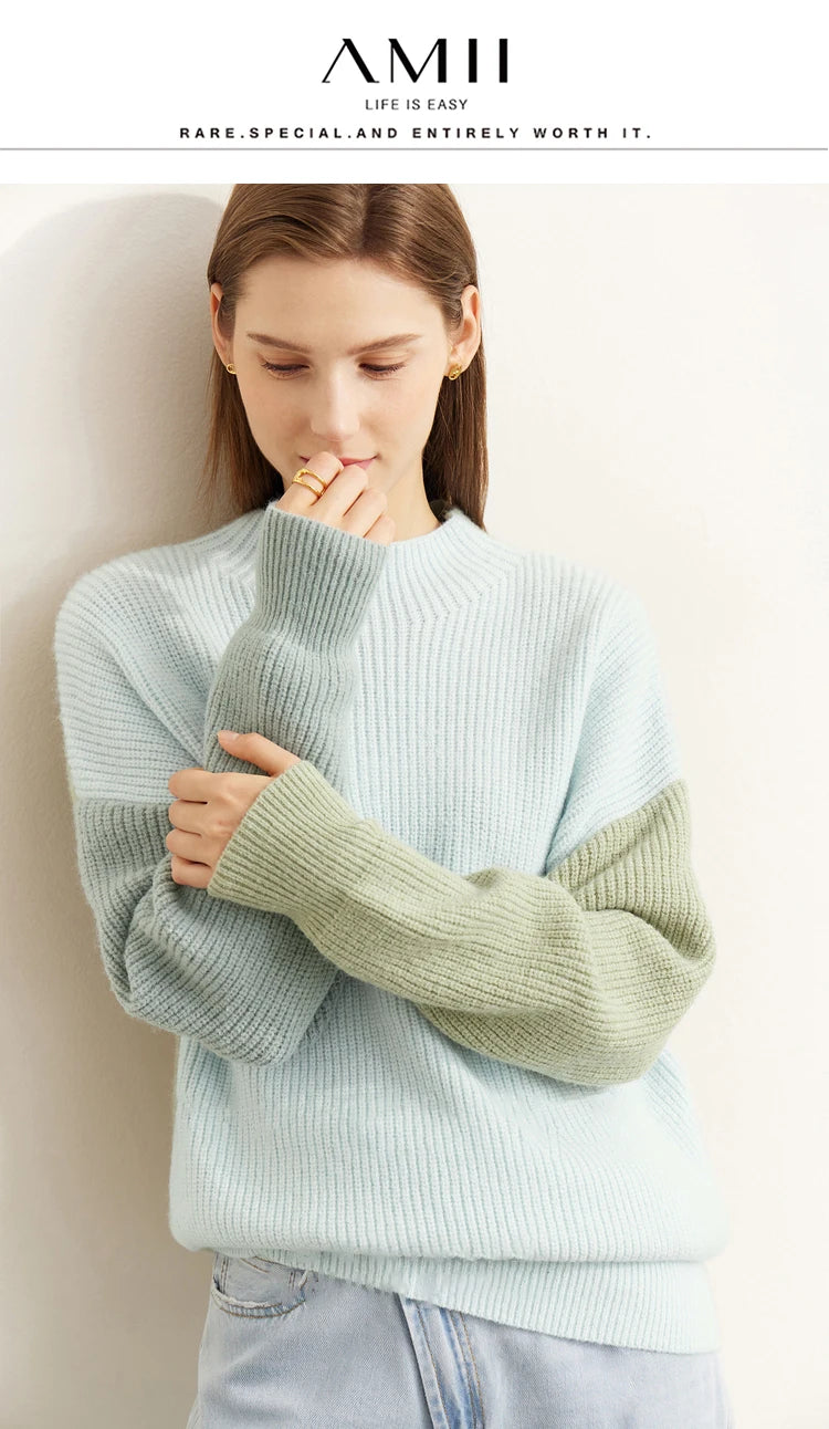 Pullover mit Rundhalsausschnitt, hellblaues Strickmodell mit gerippten Bündchen