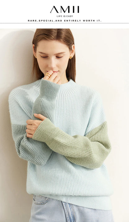 Pullover mit Rundhalsausschnitt, hellblaues Strickmodell mit gerippten Bündchen