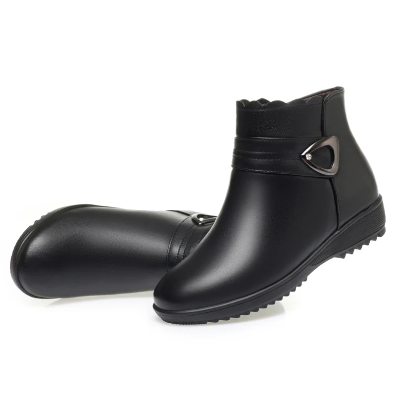 Damen Schneestiefel aus echtem Leder mit rutschfestem flachem Boden