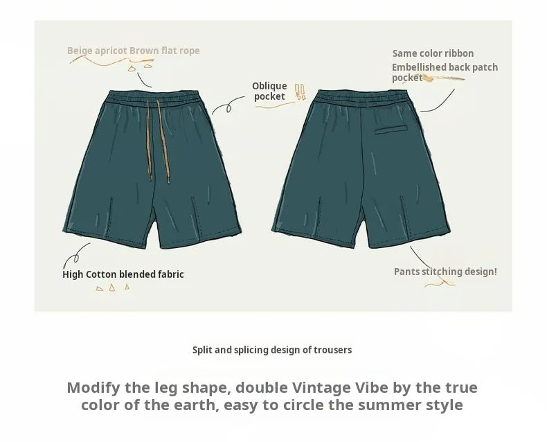 Herren Vintage Shorts in Khaki mit geradem Bein und Kordelzug
