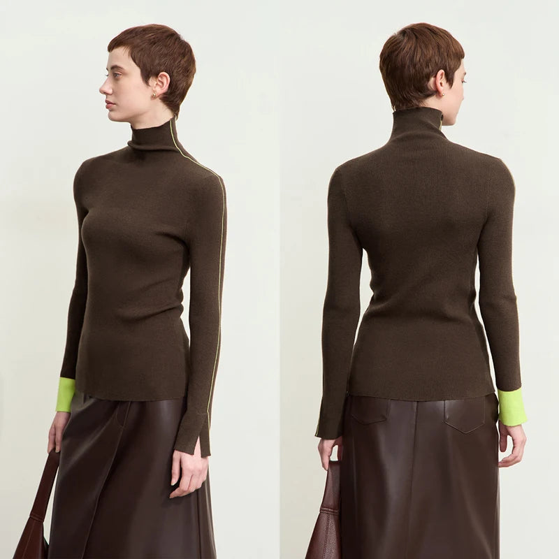 Damen-Rollkragenpullover Farbkontrast Slim Fit Langarm Frühling