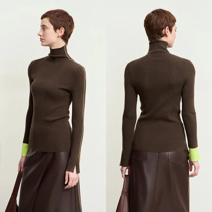 Damen-Rollkragenpullover Farbkontrast Slim Fit Langarm Frühling