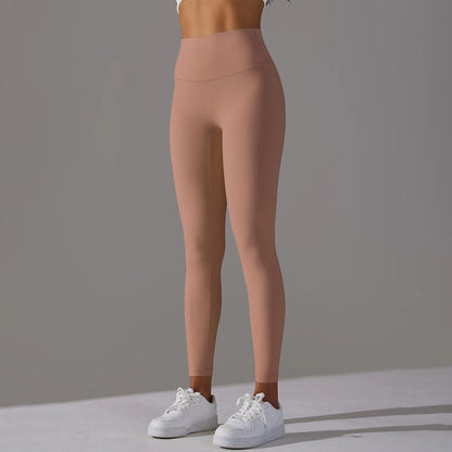 Nahtlose Yogahose Damen, hoch tailliert, apricotfarben, eng anliegend