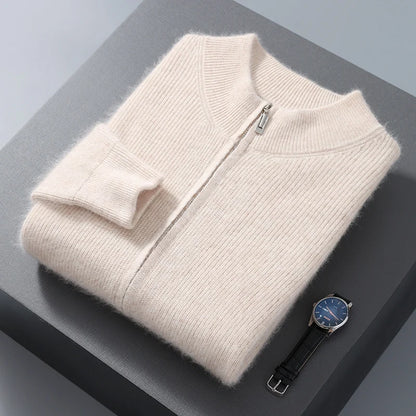 Pullover aus 100 % reinem Nerz-Kaschmir für Herren, Stehkragen, verdickte Strickjacke, Herbst/Winter, warm, lässig, gestrickt, große Oberteile mit Reißverschluss