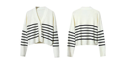 Damen-Strickjacke Baumwolle V-Ausschnitt Kontraststreifen kurz Raglan Frühling