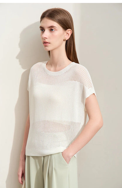 Damen-Wollstrickpullover, locker, O-Ausschnitt, kurze Ärmel, beigefarben, leicht durchsichtig