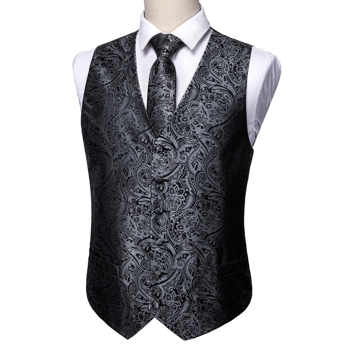 Herrenweste mit Paisley-Muster und Reverskragen, schwarze Krawatte und weißes Hemdkragen