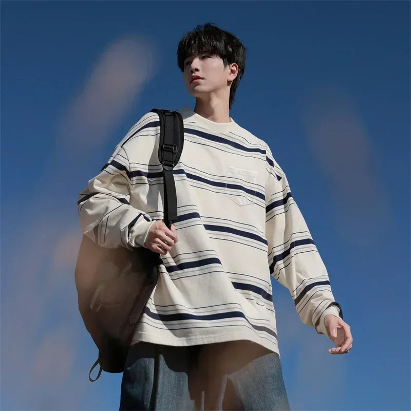 Herbst japanische Vintage gestreifte Crewneck Sweatshirts für Männer y2k Streetwear Langarm T-Shirts Frauen lässig Tasche Strick oberteile