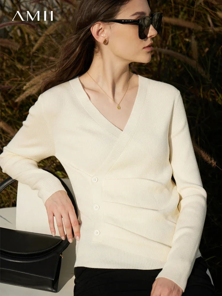 Damen V-Ausschnitt Pullover Kaschmir Slim Shirring Büro Frühling