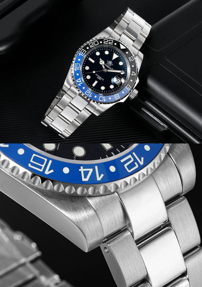 Herren Business-Automatikuhr 8215 Saphirglas 200m wasserdicht GMT Leuchtzeiger